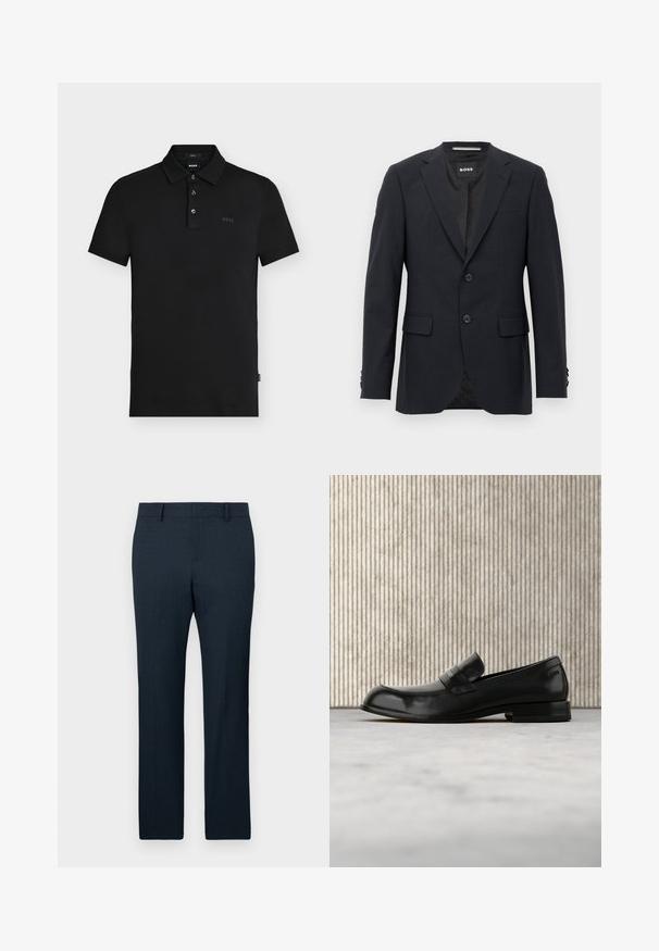 Blazer ajusté gris foncé avec un motif à carreaux subtil, revers en pointe, deux boutons à l'avant, poches à rabat et étiquette de marque à l'intérieur.; Polo noir slim-fit avec trois boutons, manches courtes et discret logo "BOSS" sur la poitrine et à l'intérieur du col.; Pantalons ajustés bleu marine en tissu texturé, à jambes droites et plis avant. Équipés de passants de ceinture et d'une taille lisse.; Mocassin en cuir noir avec un accent métallique, présenté en lévitation au-dessus d'un tapis beige, avec une table ronde de couleur ambre en arrière-plan.