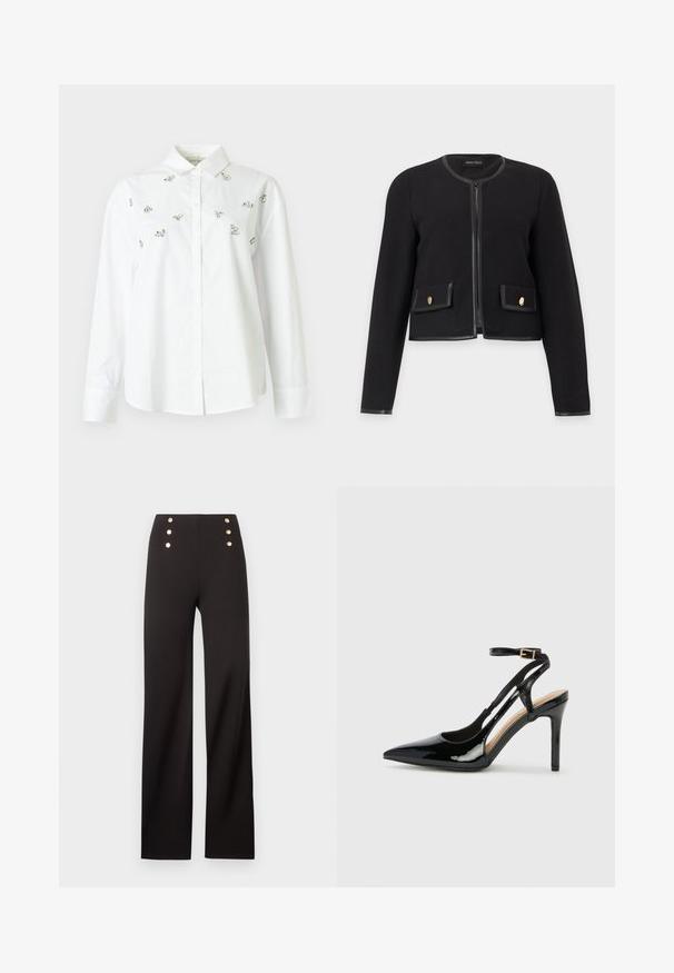 Veste courte noire à manches longues avec encolure ronde, fermeture éclair devant, deux poches à rabat avec boutons dorés et détails en cuir.; Chemise blanche boutonnée en coton, ornée de petits embellissements argentés dispersés. Manches longues et col classique.; Pantalon noir taille haute à jambes larges avec six boutons décoratifs dorés disposés en deux rangées verticales près de la taille.; Escarpin en cuir verni noir à talon haut, avec un bout pointu, une bride réglable à la cheville et des côtés ouverts. Texture lisse.