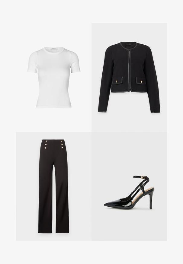 Veste courte noire à manches longues avec encolure ronde, fermeture éclair devant, deux poches à rabat avec boutons dorés et détails en cuir.; T-shirt blanc à manches courtes en tissu côtelé. Comprend un col rond et une silhouette ajustée. Texture lisse sans motifs.; Pantalon noir taille haute à jambes larges avec six boutons décoratifs dorés disposés en deux rangées verticales près de la taille.; Escarpin en cuir verni noir à talon haut, avec un bout pointu, une bride réglable à la cheville et des côtés ouverts. Texture lisse.