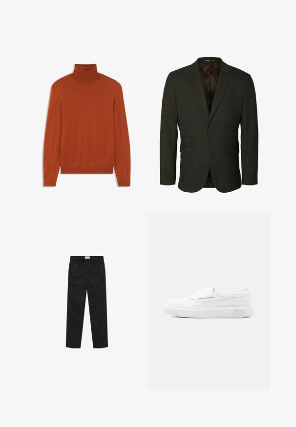 Schwarzer Slim-Fit Herrenblazer mit Notch-Revers, zwei vorderen Pattentaschen, einer Brusttasche und Ein-Knopf-Verschluss.; Rostfarbener Rollkragenpullover aus weichem Material. Figurbetontes Design mit langen Ärmeln und geripptem Kragen sowie Saum. Glatte Textur im gesamten Pulli.; Schwarze Jogginghose aus einem weichen Stoff, mit schmal zulaufendem Bein und elastischem Bund. Glatte Textur mit minimalen Details.; Weißer Armani Exchange Low-Top-Sneaker mit dicker Sohle, Schnürung vorne und markanten Details an der Seite und Ferse vor neutralem Hintergrund.