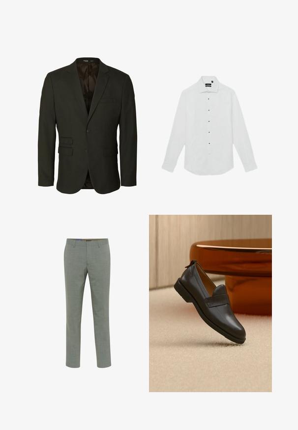Sort slim fit herreblazer med hakrevers, to forlommer med klap, en brystlomme og lukning med en enkelt knap.; Hvid langærmet skjorte med almindelig krave, der har sorte knapper foran og knapmanchetter. Glat stofstruktur.; Lyst grå skræddersyede bukser i et tekstureret stof, lige ben, bæltestropper og en pæn finish. Designet er moderne og minimalistisk.; Sort læderloafer med lav hæl svævende over beige tæppe ved siden af et blankt ravfarvet bord i et minimalistisk rum.