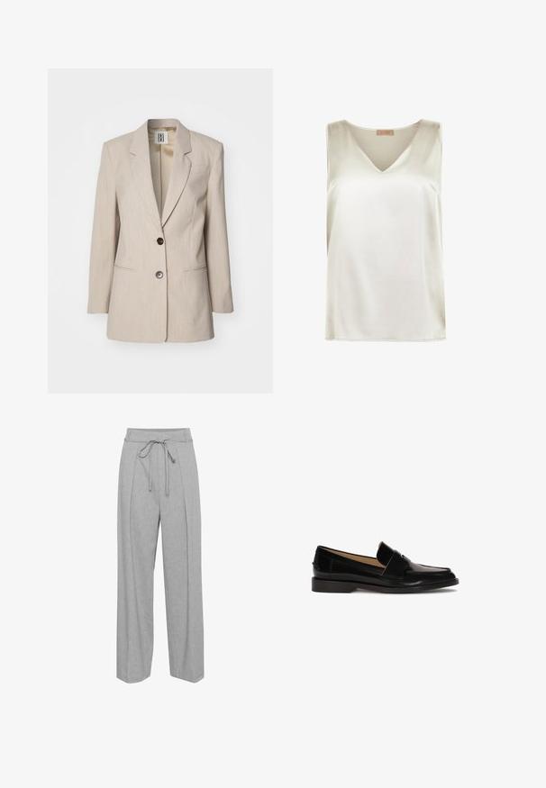 Beige skræddersyet blazer med en spids revers, enkel sort knaplukning og to forlommer. Tekstureret stof med et subtilt mønster.; Ærmeløs satinbluse i elfenben med V-udskæring og smalt skulderdesign, mærket Falconeri Seta Collection.; Grå linned brede bukser med høj talje, udstyret med snørre, folder foran og en blød, struktureret finish.; Sorte læder loafers med glat finish, afrundet tå og en dekorativ rem over fronten. Lav blokhælsdesign.