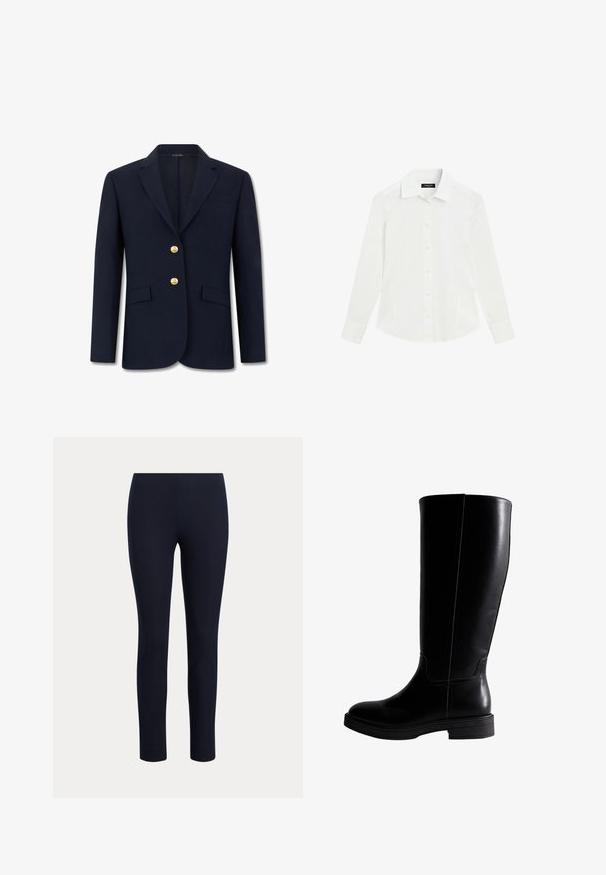 Marineblauw getailleerd colbert met inkeping revers, twee gouden knopen, klepzakken aan de voorkant en lange mouwen.; Wit overhemd met lange mouwen, kraag en manchetten, plat liggend op een witte achtergrond.; Strakke marineblauwe leggings in volledige lengte met hoge taille, getoond tegen een effen lichte achtergrond.; Knee-high zwarte leren laarzen met een gladde textuur, ronde neus, minimale stiksels en een platte rubberen zool. Eenvoudig, strak ontwerp.