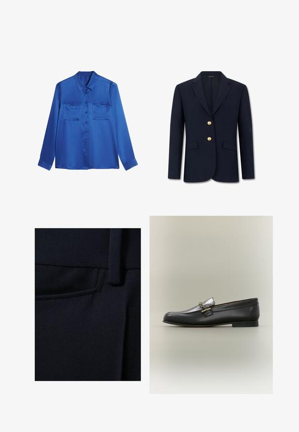 Marineblauw getailleerd colbert met inkeping revers, twee gouden knopen, klepzakken aan de voorkant en lange mouwen.; Satijnen blauwe blouse met een kraaglijn, lange mouwen, twee borstzakken en knoopsluiting aan de voorkant. Soepele, glanzende textuur.; Donkerblauwe stof met een gestructureerd geweven patroon, met een zichtbare zaknaad en een tailleband. Materiaal lijkt duurzaam en gestructureerd.; Zwarte leren loafer met zilveren bovenkant, gouden kettingdetail, lage hak en afgeronde neus op een neutrale achtergrond.