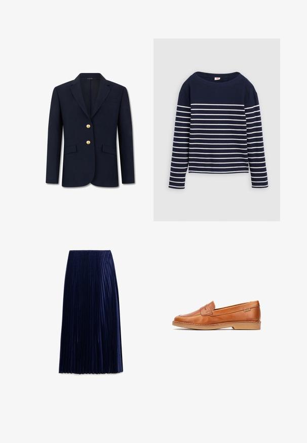 Marineblauw getailleerd colbert met inkeping revers, twee gouden knopen, klepzakken aan de voorkant en lange mouwen.; Levi's® MARIN STRIPE - Longsleeve - navy/egret; Navy geplooide midi-jurk gemaakt van lichte stof met een zachte textuur, voorzien van gelijkmatig verdeelde verticale plooien en een elastische tailleband.; Heren loafers van lichtbruin leer, instapmodel met een lage rubberen zool en decoratieve stiksels, met een zijlabel waarop "Pikolinos" staat.