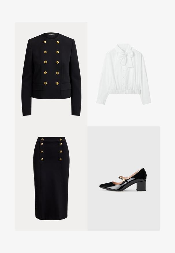 Blazer negro cruzado con botones decorativos dorados y mangas largas, con cuello redondo y dos bolsillos delanteros con solapa.; Blusa blanca corta con lazo en el cuello, cierre de botones y dobladillo fruncido. Hecha de una tela lisa y ligera.; Falda lápiz negra hasta la rodilla con panel vertical delantero y dos filas de seis botones decorativos dorados.; Zapatos de tacón Mary Jane de charol negro con punta afilada, tacón bloque medio y una hebilla decorativa dorada en la correa.