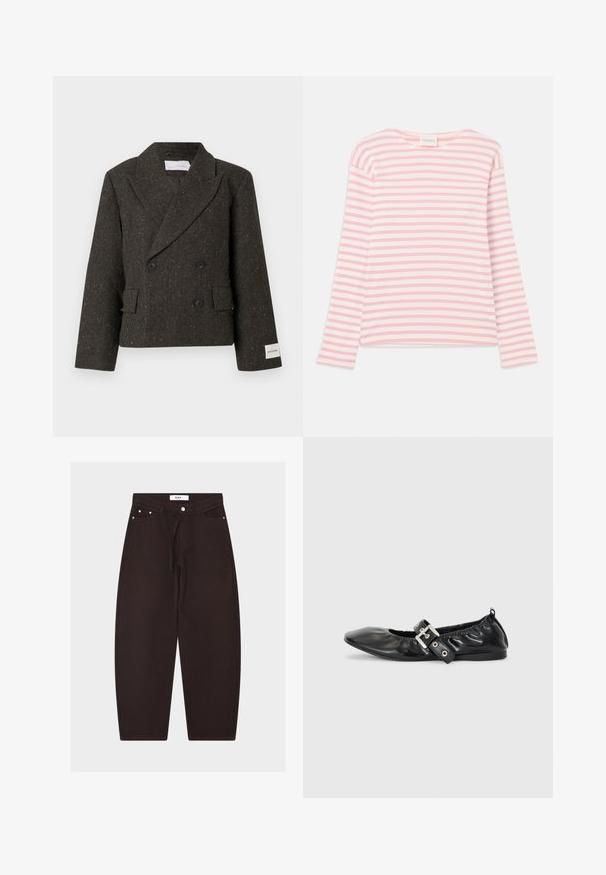 Mørkebrun, dobbeltradet jakke i tekstureret stof med diskrete gyldne pletter. Har store sorte knapper og sidelommer.; Langærmet stribet bluse i lys pink og hvid. Blødt stof med en afslappet pasform og bred udskæring. Har sideslids ved kanten.; Sorte bukser med vide ben, frontknap, bæltestropper, snøre i taljen og forlommer, vist på ensfarvet baggrund.; Sorte læder flade sko med spids tå, samling detaljer omkring åbningen, og en sølv spænde accent på den justerbare rem.