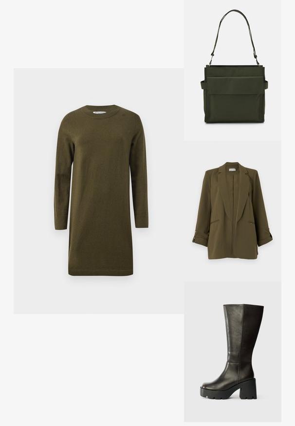 Blazer de mujer verde oliva con solapas de muesca, mangas largas remangadas con pestañas abotonadas, dos bolsillos delanteros de ojal y dobladillo recto.; Vestido de punto verde oliva con mangas largas, escote redondeado y dobladillo acanalado. Diseño sencillo de corte recto con una textura suave.; Bota de cuero marrón hasta la rodilla con punta redonda, gruesa plataforma negra y tacón cuadrado. Presenta una textura lisa y detalles de costura mínimos.; Bolsa tote verde oliva hecha de un tejido duradero con forma rectangular, cuenta con un bolsillo frontal con solapa y una correa para el hombro ajustable.
