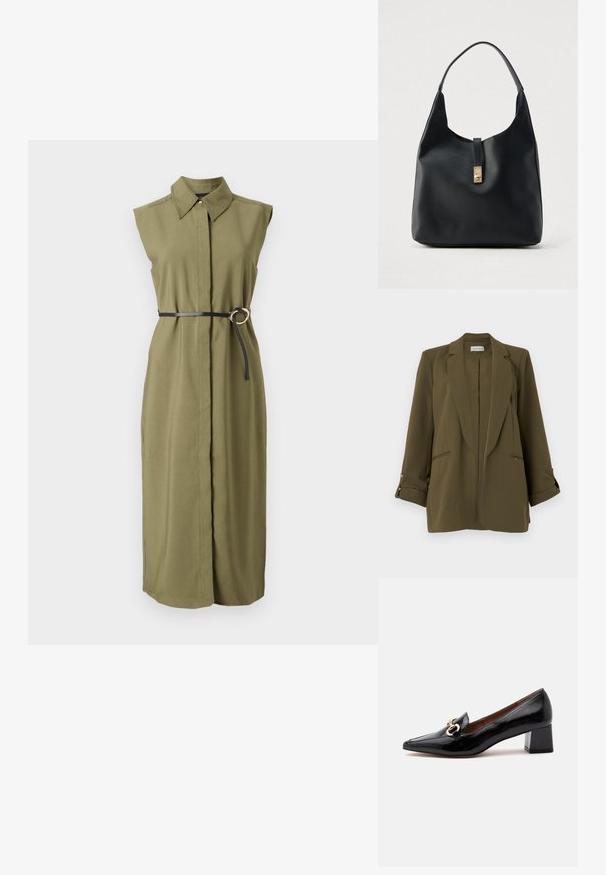Blazer de mujer verde oliva con solapas de muesca, mangas largas remangadas con pestañas abotonadas, dos bolsillos delanteros de ojal y dobladillo recto.; Vestido sin mangas de color verde oliva con cuello, ceñido en la cintura con un cinturón negro que tiene una hebilla metálica redonda y aberturas laterales.; Mocasín negro de charol con tacón bajo de bloque, detalle de cadena dorada en la parte superior, puntera puntiaguda y forro interior marrón.; Bolso hobo de cuero negro con acabado texturizado, con un cierre color oro y una única asa curva para llevar al hombro.