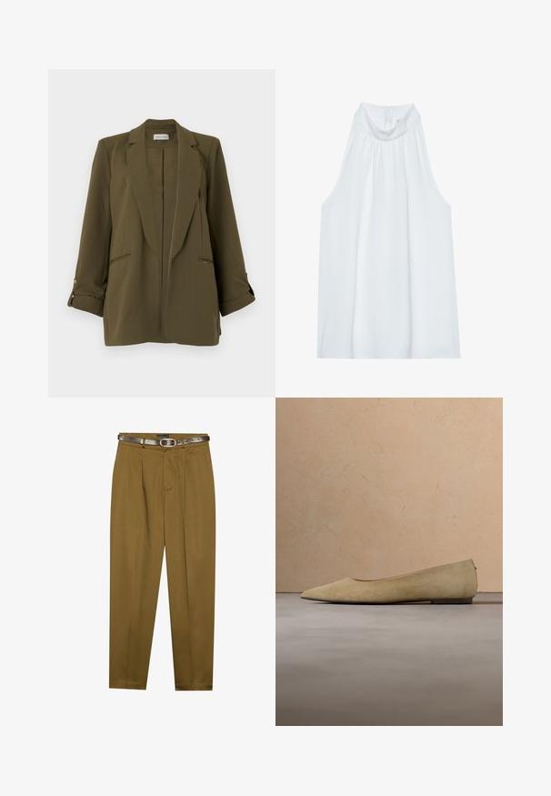 Blazer femme vert olive avec revers crantés, manches longues retroussées avec pattes boutonnées, deux poches passepoilées à l'avant et ourlet droit.; Haut sans manches blanc avec un col montant, en tissu doux, présentant des détails froncés au niveau du col et une fermeture éclair dissimulée à l'arrière.; Pantalons marron ajustés avec une taille plissée et une ceinture bien ajustée. Ceinture en cuir brun foncé incluse, dotée d'une boucle ronde.; Chaussure plate beige à bout pointu avec une semelle noire flottant au-dessus d'un tapis beige texturé, avec un canapé beige rembourré en arrière-plan.