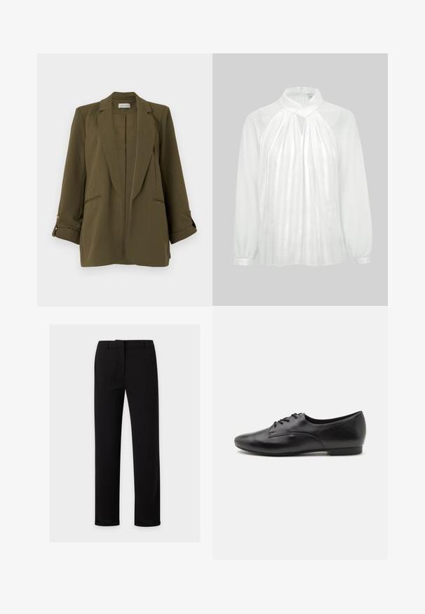 Olijfgroene damesblazer met inkepingrevers, lange mouwen opgerold met knoopsluitingen, twee voorzakken met ingang en een rechte zoom.; Witte blouse met lange mouwen en hoge hals, verticale doorschijnende strepen aan de voorkant, sleutelgatdetail en manchetten met knopen op een effen achtergrond.; Zwarte broek met rechte pijpen, riemlussen, voorrits en een gladde tailleband, weergegeven op een effen lichte achtergrond.; Zwarte leren veterschoenen met een gladde textuur, ronde neus, lage hak en eenvoudig ontwerp. Zijaanzicht dat de slanke vorm en stiksels benadrukt.