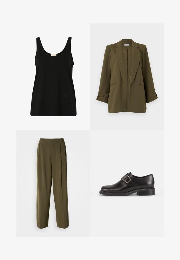 Blazer de mujer verde oliva con solapas de muesca, mangas largas remangadas con pestañas abotonadas, dos bolsillos delanteros de ojal y dobladillo recto.; Top sin mangas negro hecho de suave algodón, con un escote redondeado y un corte relajado, sin patrones visibles ni detalles de hardware.; Pantalones de pierna ancha verde oliva, confeccionados con una tela suave, que cuentan con una cintura alta, pliegues en la parte delantera y bolsillos laterales para mayor funcionalidad.; Zapato de vestir de cuero negro con punta redondeada, detalle de hebilla lateral y suela texturizada, sobre un fondo blanco liso.