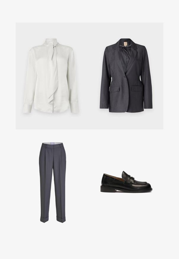 Blazer gris oscuro hecho de tela suave, con solapas de muesca, dos bolsillos frontales y lados fruncidos para un ajuste entallado.; Blusa blanca de manga larga con cuello alto y detalle de bufanda atada en la parte delantera, hecha de una suave tela similar al satén.; Pantalones de traje gris oscuro con un diseño de pierna recta, frente plisado y puños doblados. Fabricados con una tela suave, presentan una cinturilla clásica.; Mocasín de cuero negro con punta redonda, cinta decorativa en la parte superior y tacón bajo apilado. Textura suave y detalles de costura mínimos.