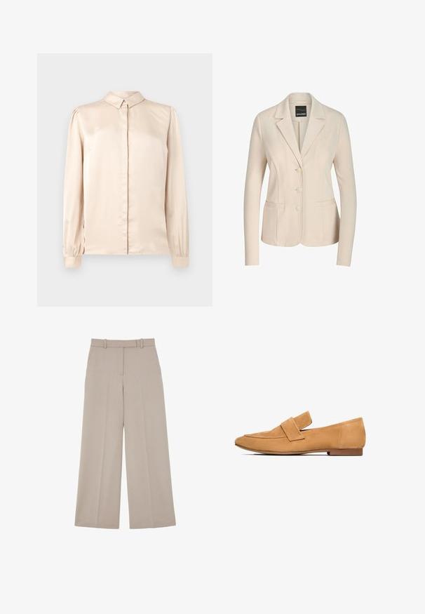 Crèmekleurig damesblazer met drie knopen, twee voorkanten zakken, lange mouwen en een reverskraag met inkeping.; Beige satijnen overhemd met lange mouwen, met een button-down kraag, een voorplat en gathering in de mouwen bij de manchetten. Glad, glanzend textuur.; Beige wijdvallende, op maat gemaakte broek met verborgen voorpand sluiting en zijzakken, ontworpen voor een formele of zakelijke casual uitstraling.; Tan suède instappers met een platte hak, ronde neus en een gestikte band over de wreef voor een verfijnde afwerking.
