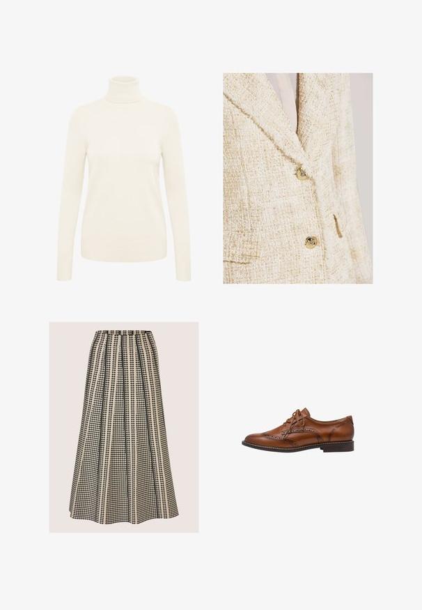Blazer en tweed crème avec de subtils reflets dorés, doté d'un col cranté, de deux boutons et d'un tissu texturé.; Pull à col roulé crème fabriqué à partir d'un tissu en maille doux. Il dispose de manches longues et de poignets et d'un ourlet côtelés.; Jupe midi taille haute en A avec motif géométrique à rayures verticales noires et beiges et plis.; Chaussure Oxford brogue en cuir marron avec détails à bout ailé, perforations, lacets et talon bas empilé sur fond blanc.