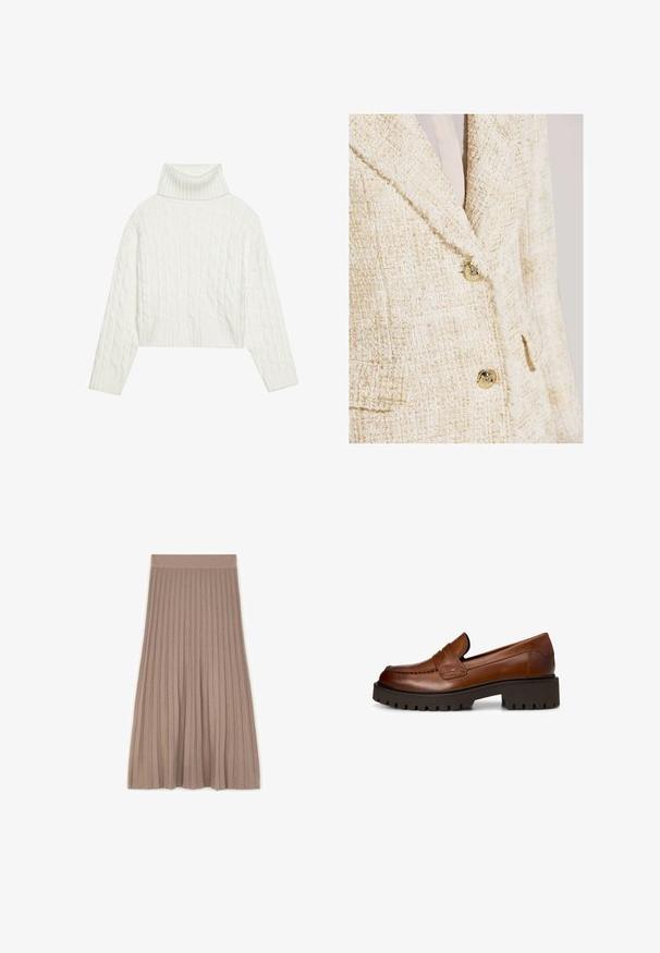 Blazer en tweed crème avec de subtils reflets dorés, doté d'un col cranté, de deux boutons et d'un tissu texturé.; Pull à col roulé en maille blanche, avec une coupe courte, doté de poignets et d'un ourlet côtelés. Texture douce avec un design épais et confortable.; Jupe plissée mi-longue de couleur taupe avec une taille élastique, présentée à plat sur un fond blanc.; Mocassin en cuir marron avec semelle crantée noire épaisse et petit talon bloc, vu de côté sur fond blanc.