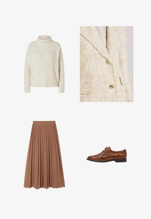 Blazer en tweed crème avec de subtils reflets dorés, doté d'un col cranté, de deux boutons et d'un tissu texturé.; Pull en maille côtelée couleur crème avec des manches longues et un col roulé replié, présenté sur un fond blanc.; Jupe midi plissée marron avec une texture lisse et une large ceinture, présentant des plis verticaux réguliers sur toute sa longueur, créant une silhouette fluide.; Chaussure Oxford brogue en cuir marron avec détails à bout ailé, perforations, lacets et talon bas empilé sur fond blanc.