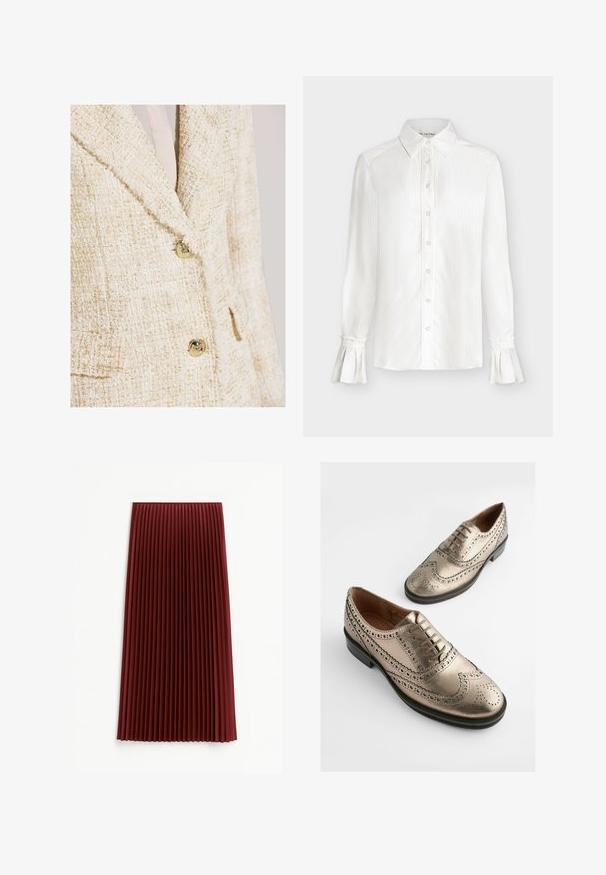 Tweed blazer in crème met subtiele gouden deeltjes, voorzien van een notch-kraag, twee knopen en een gestructureerde stof.; Witte blouse met lange mouwen, knoopsluiting aan de voorkant, puntige kraag, subtiele verticale strepen en wijde manchetten met rucherand.; Plissé midi-rok in diep rood, met een gestructureerde stof en gelijkmatig verdeelde verticale plooien. De zoom valt rond de middenkuit.; Metallisch bronzen leren schoenen met een wingtipontwerp, gedetailleerde perforaties en ronde veters. Vlakke zwarte zool met een gladde textuur.