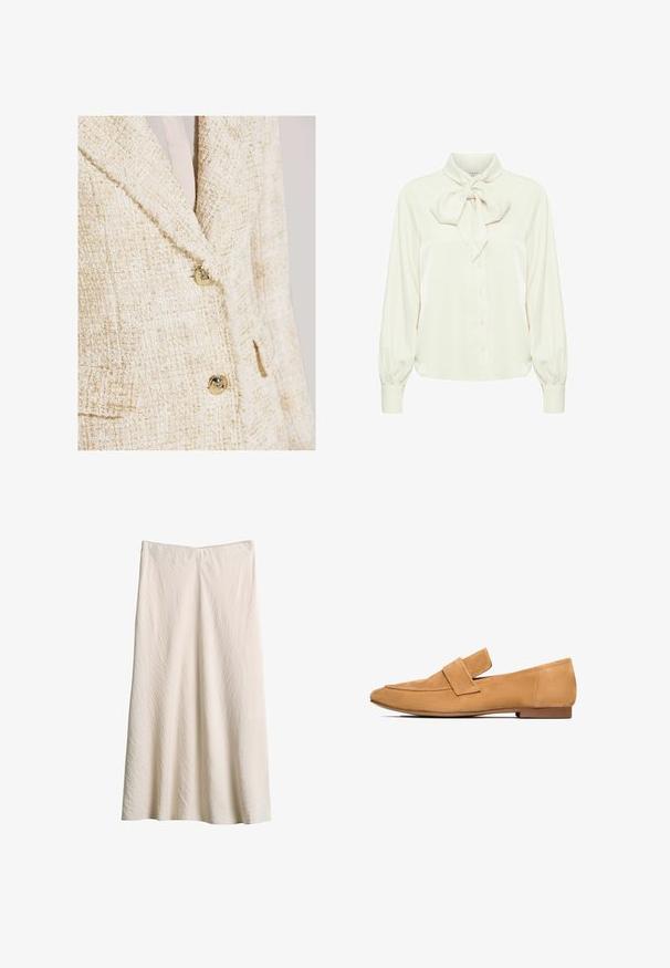 Blazer en tweed crème avec de subtils reflets dorés, doté d'un col cranté, de deux boutons et d'un tissu texturé.; Blouse en ivoire avec un col à nœud noué, de longues manches bouffantes et une fermeture à boutons sur le devant. Tissu doux et lisse avec un léger éclat.; Jupe crème, longueur au genou, en tissu texturé. Elle présente une large ceinture et une coupe évasée avec une silhouette fluide.; Mocassins en cuir suédé tan avec un talon plat, un bout arrondi et une sangle cousue sur le devant pour une finition raffinée.