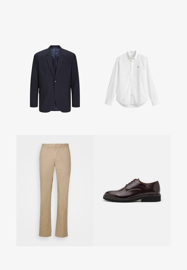 Blazer marine ajusté avec une fermeture à un bouton, revers crantés et deux poches avant. Fabriqué en tissu lisse avec un léger éclat.; Chemise blanche à manches longues avec col, boutons sur le devant et petit logo brodé sur la poitrine gauche.; Pantalons droits beiges en tissu de coton avec une taille plate et des passants pour ceinture. Présente une fermeture à un bouton et des ourlets.; Chaussure Oxford en cuir marron avec une finition brillante, bout rond, lacets, et une semelle en caoutchouc noir épaisse. Détail de couture sur le dessus.