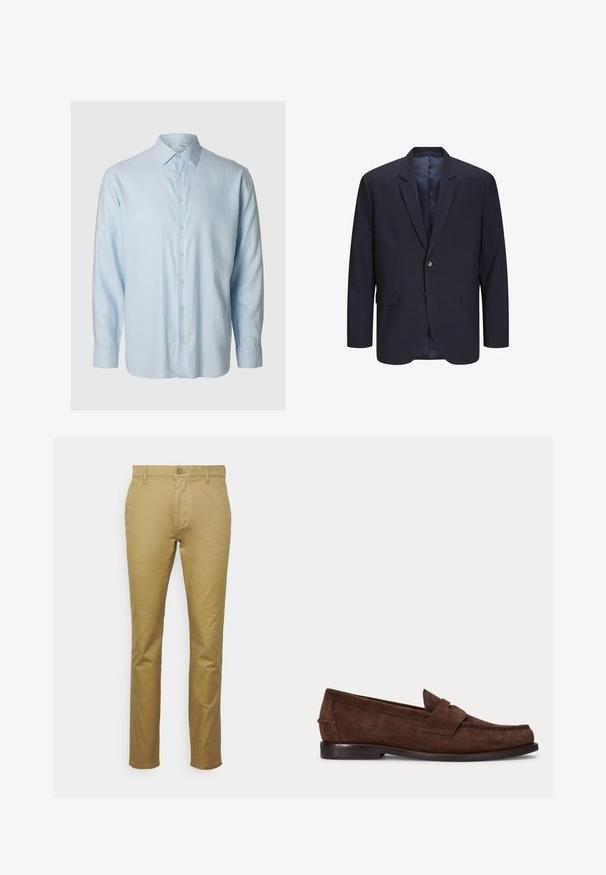 Marineblazer mit strukturiertem Schnitt, Einzelknopfverschluss, Reverskragen und zwei Fronttaschen. Hergestellt aus einem glatten Stoff mit leichtem Glanz.; Helles blaugraues Langarmshirt aus weichem Stoff, mit klassischem Kragen und knöpfbarem Vorderteil mit sechs passenden Knöpfen.; Khaki Chinos aus glattem Baumwollmaterial, mit klassischem geradem Schnitt, Vordertasche und einem einzelnen Knopfverschluss an der Taille.; Brauner Wildleder-Pennyloafer mit niedrigem Absatz und sichtbarer Naht an Zehen-, Seiten- und Rückbereich, dargestellt auf hellem, einfarbigem Hintergrund.