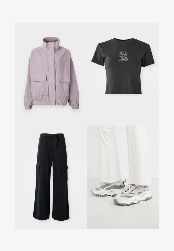 Λιλά καπιτονέ jacket με ψηλό γιακά, μπροστινές θήκες με καπάκι, ελαστικές μανσέτες και λεπτομέρεια στο στρίφωμα, εκτεθειμένο σε λευκό φόντο.; Μαύρο κοντό μπλουζάκι με κοντά μανίκια που διαθέτει ένα κινούμενο μανιτάρι με στρας και τη λέξη "LLUMO" από κάτω.; Μαύρο παντελόνι cargo με φαρδιά πόδια, από βαμβάκι, με ζώνη που δένει, διαθέτοντας δύο πλαϊνές τσέπες και λείο υφασμάτινο τελείωμα.; Χοντροί αθλητικοί σαγιονάρες σε ανοιχτό γκρι, κατασκευασμένοι από ένα μείγμα δικτυωτού υλικού και υφάσματος, με μοτίβα και παχιά ελαστική σόλα.