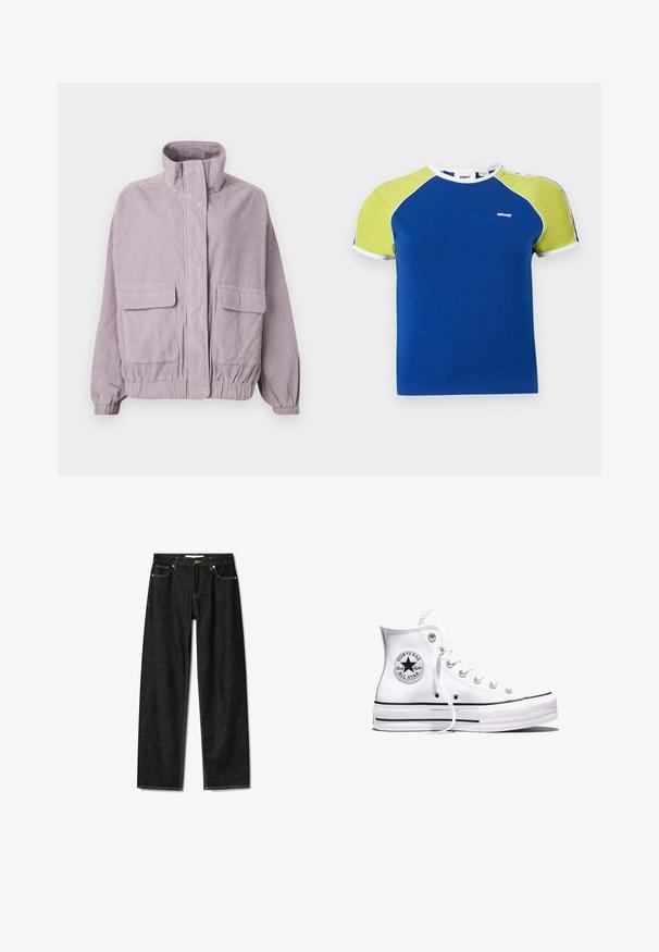 Lila Cordjacke mit hohem Kragen, vorderen Klappentaschen, elastischen Bündchen und Saumdetail, auf einem weißen Hintergrund präsentiert.; Blaues T-Shirt mit grünen Raglanärmeln, weißem Rand und einem kleinen weißen Logo auf der Vorderseite. Glatter Stoff, klassisches Kurzarm-Design.; Dunkelblaue Jeans mit geradem Schnitt, Messingknopfverschluss und kontrastierenden gelben Nähten. Verfügt über fünf Taschen und eine klassische Passform.; Weißer Converse Chuck Taylor All Star High-Top-Sneaker mit schwarzen Streifen und Logo-Patch an der Seite, präsentiert vor einem schlichten weißen Hintergrund.