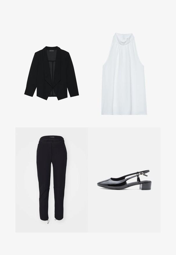Blazer negro con cuello chal, mangas tres cuartos y diseño de frente abierto. Fabricado con una tela suave con un acabado texturizado.; Top blanco sin mangas con cuello alto, confeccionado en una tela suave, con detalles fruncidos en el escote y una cremallera oculta en la parte posterior.; Pantalones negros con una textura suave, que cuentan con un diseño ajustado, cinturilla elástica, dos bolsillos y puños ajustables con cordones.; Zapato de charol negro tipo slingback con puntera afilada, laterales descubiertos y un tacón bajo cuadrado. Presenta una correa para el tobillo con hebilla.