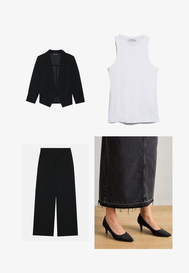 Sort blazer med sjalskrave, trekvartærmer og åbent frontdesign. Lavet af et glat stof med en tekstureret overflade.; Hvid ribbet top med rund hals og brede ærmegab. Har en glat tekstur og en lige kant. Mærket læser "IVY OAK."; Breddebenede sorte bukser lavet af et glat stof. Har en flad talje med bæltestropper og ingen synlige lommer. Simpelt design.; Sorte ruskindpumps med spids tå og en 3 tommer hæl, parret med en lang, mørk denimskørt med frynset kant.