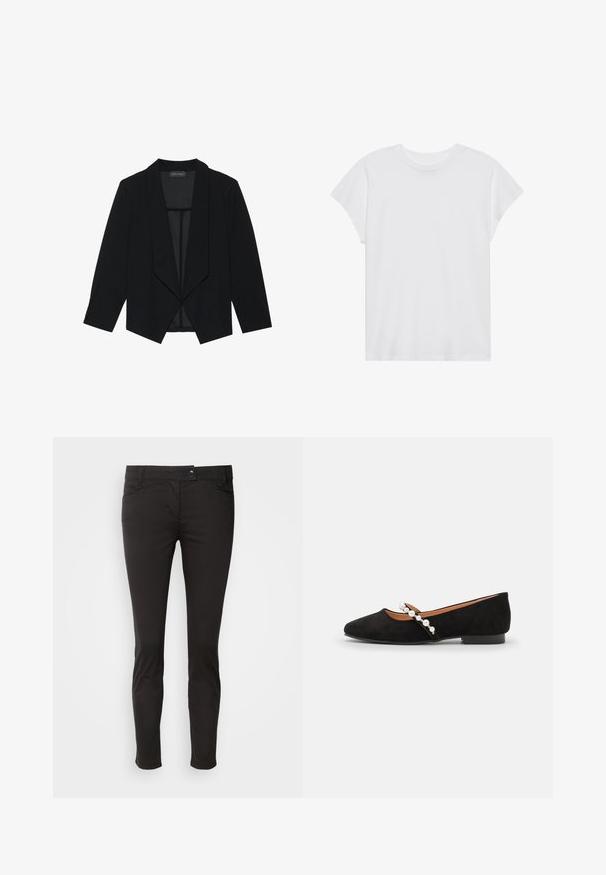 Sort blazer med sjalskrave, trekvartærmer og åbent frontdesign. Lavet af et glat stof med en tekstureret overflade.; Hvid kortærmet t-shirt med rund hals, afslappet pasform, lavet af blødt bomuldsstof. Glat tekstur, ingen mønstre eller logoer.; Sorte slim-fit bukser lavet af strækbar bomuldsblanding. Har fem lommer, frontknaplukning og let indsnørede ben.; Sorte ruskind balletflade med spids tå, der har en dekorativ rem prydet med hvide perler og en lav hæl.