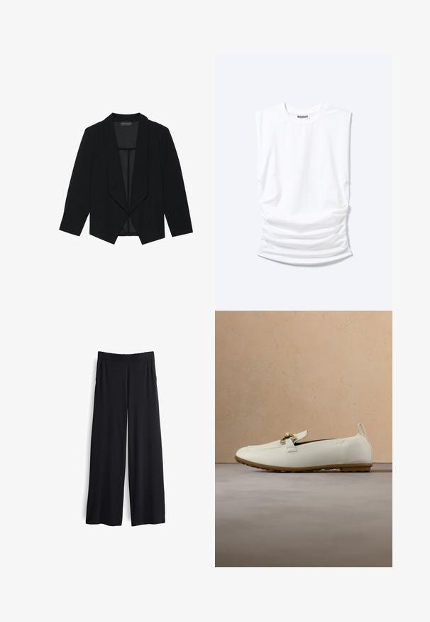 Zwarte blazer met een sjawl-kragen, driekwartmouwen en een open voorkant. Gemaakt van een soepele stof met een gestructureerde afwerking.; Witte mouwloze t-shirt met ronde hals, gevoerde schouders en geplooide zijkanten, plat op een lichte achtergrond gelegd.; Zwarte, wijde broek met een soepele textuur en elastische tailleband. Voorzien van zijzakken en een losse pasvorm voor comfort.; Crème kleurige leren loafer met gouden gespdetail en rubberen zool, geplaatst op een gestructureerd beige tapijt met een houten salontafel en boeken op de achtergrond.