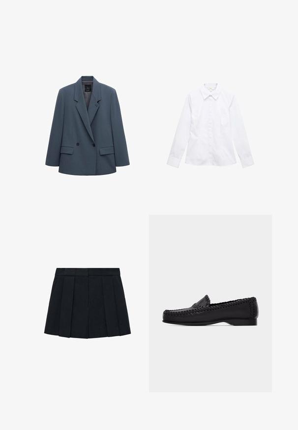 Dobbeltradet mørkegrå blazer med brede revers, to forlommer med klap og to sorte knapper, vist på hvid baggrund.; Hvid skjorte med lange ærmer, knapper, krave, skræddersyet pasform og manchetter, lagt fladt på en hvid baggrund.; Sort plisseret nederdel lavet af stof med en glat tekstur. Har en struktureret talje og flere lodrette pliser for definition.; Sort læderloafer med vævet syning langs kanterne og lav hæl, vist i profil mod en ensartet lys baggrund.