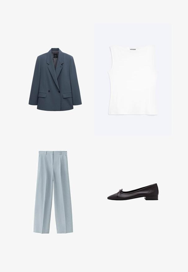 Dobbeltradet mørkegrå blazer med brede revers, to forlommer med klap og to sorte knapper, vist på hvid baggrund.; Hvid tætsiddende ærmeløs tanktop med rund halsudskæring og minimalistisk design, mærket "WEEKDAY" indeni kraven.; Lyseblå, skræddersyede bukser med tynde striber, bæltestropper, sidelommer og lynlås foran.; Sort lavhælet læder balletflat med spids tå og lille sløjfe foran, vist i profil på hvid baggrund.