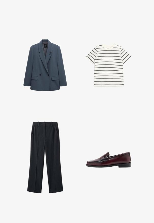Blazer gris foncé à double boutonnage avec larges revers, deux poches avant à rabat et deux boutons noirs, présenté sur un fond blanc.; T-shirt blanc à manches courtes avec fines rayures horizontales noires uniformément espacées, col rond et ourlet droit.; Pantalon tailleur noir à fines rayures, avec passants pour ceinture, poches latérales et jambes droites et larges.; Mocassin en cuir bordeaux foncé avec un bout mocassin cousu et une bride décorative. Design minimaliste avec une semelle plate en caoutchouc noir.