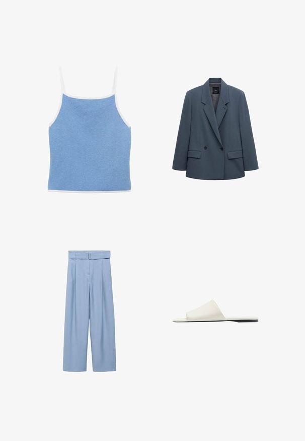 Dobbeltradet mørkegrå blazer med brede revers, to forlommer med klap og to sorte knapper, vist på hvid baggrund.; Lyseblå strikket tanktop med hvid kant, der har tynde skulderstropper og en tætsiddende design med en glat, tekstureret overflade.; Lyseblå, vide bukser lavet af glat stof, med bælte i taljen, plisseringer og skrå lommer for en afslappet pasform.; Hvid slidesandal med en bred rem og flad sål, vist i sidevisning på en hvid baggrund.