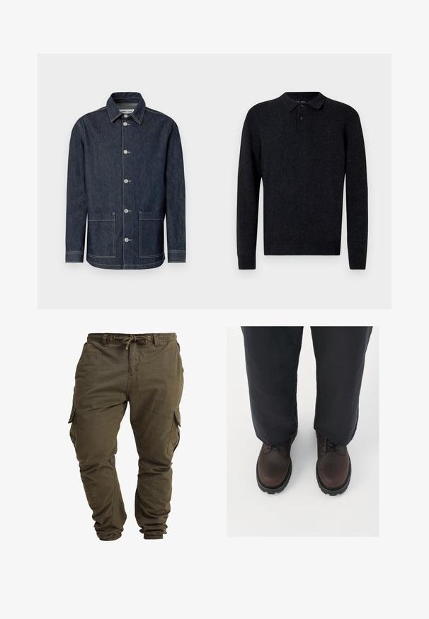 Mørk denimjakke med spids krave, frontlukning med fem knapper, to forlommer og kontrasterende syninger.; Sort strikket polo sweater med krave, tre-knaps lukning, lange ærmer og ribbede manchetter og kant. Blødt, struktureret materiale.; Olivenfarvede cargo-bukser lavet af blød bomuld, med justerbar taljesnor, elastiske cuffs og sidelommer.; Brune læder snørebåndssko med rund tå, sort gummisål og tekstureret detaljer, parret med løstsiddende mørke bukser.