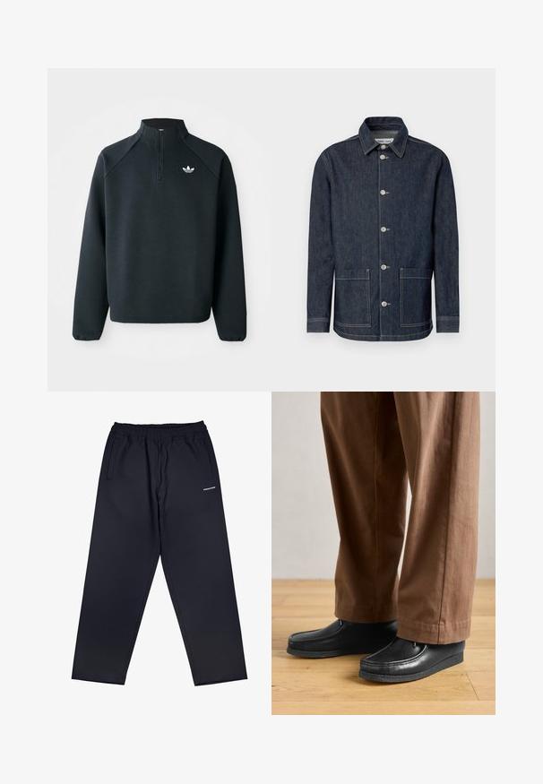 Donker denimjack met een puntige kraag, sluiting met vijf knopen aan de voorkant, twee voorzakken en contrasterende stikseldetails.; Zwarte kwart-zip sweatshirt gemaakt van zachte stof, met raglanmouwen en een wit logo op de borst. De manchet is elastisch.; Zwarte, geribbelde, relaxed-fit broek met een elastische tailleband en twee zijzakken; heeft een wit logo op de linker dij.; Zwarte leren schoenen met een mocassinstijl en steekdetails, gecombineerd met een paarse broek, op een houten vloer.