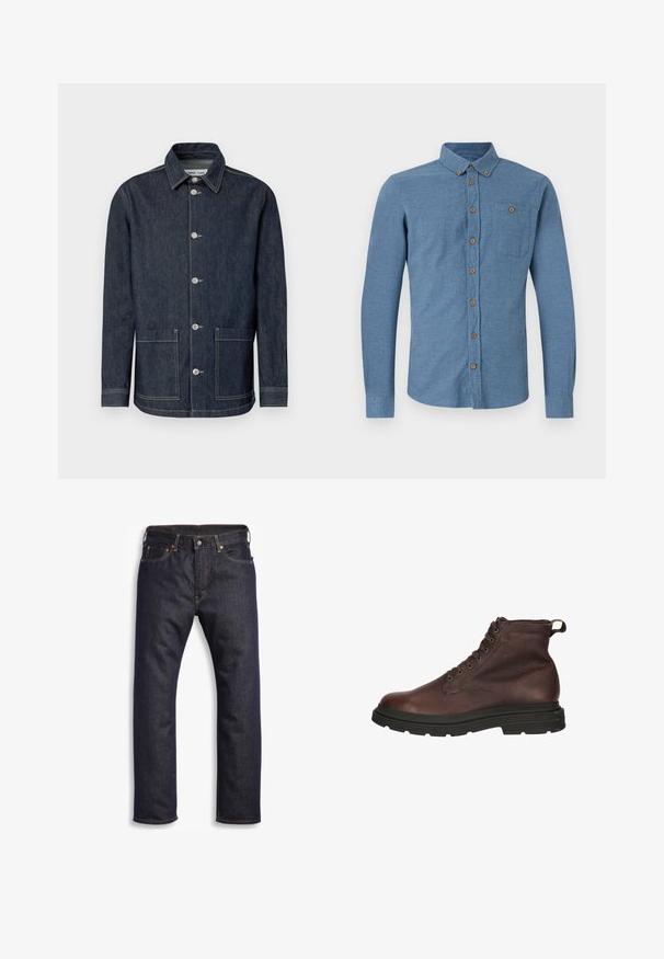 Mørk denimjakke med spids krave, frontlukning med fem knapper, to forlommer og kontrasterende syninger.; Blå skjorte med knapper lavet af et tekstureret stof, der har en klassisk krave, lange ærmer og en enkelt brystlomme med brune knapper.; Mørkeblå denimjeans med lige snit, fem-lomme design, metalbeslag og kontrasterende orange syninger. Glat tekstur, ingen synlige mønstre.; Brune læder ankelsko med en struktureret overflade, rund tå, seks øjer snørebånd foran og en tyk, ribbet sort gummisål.