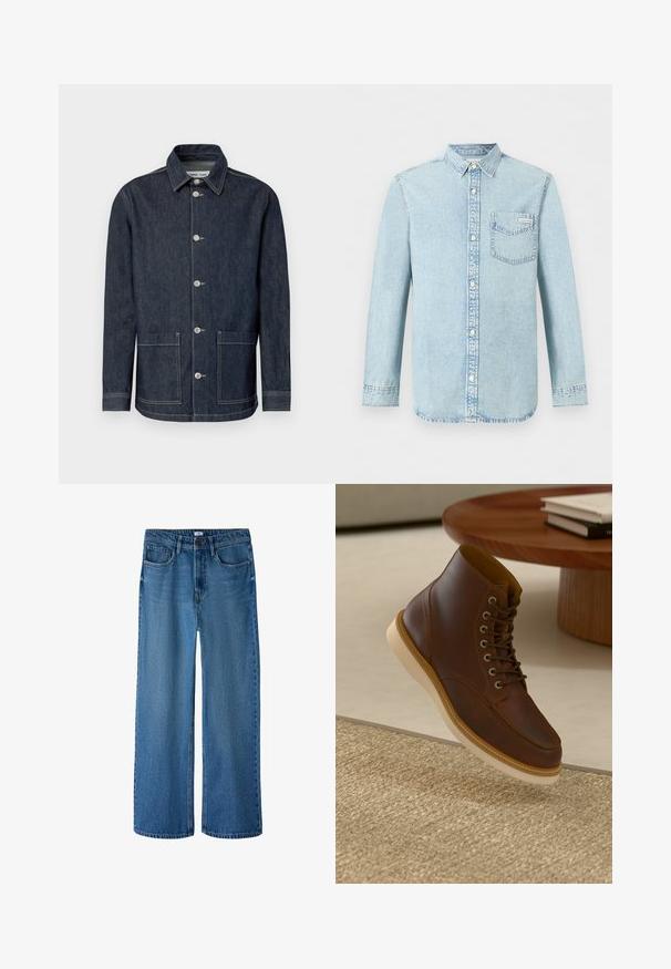 Veste en denim foncé avec un col pointu, une fermeture avant à cinq boutons, deux poches avant et des détails de couture contrastants.; Chemise en denim bleu clair à manches longues, fermeture boutonnée devant, une poche poitrine simple avec le logo Calvin Klein, et un col pointu.; Jean bleu à jambes larges en denim. Comprend cinq poches, passants pour ceinture et une fermeture par bouton. Texture légèrement délavée avec une finition propre.; Bottine en cuir marron avec semelle beige sur un tapis beige texturé à côté d'une table ronde en bois avec des livres empilés.