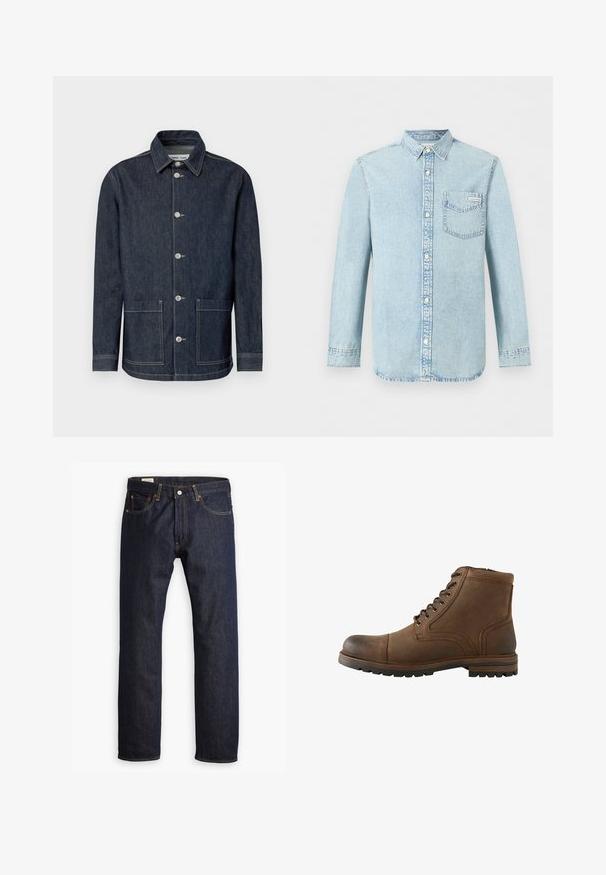 Veste en denim foncé avec un col pointu, une fermeture avant à cinq boutons, deux poches avant et des détails de couture contrastants.; Chemise en denim bleu clair à manches longues, fermeture boutonnée devant, une poche poitrine simple avec le logo Calvin Klein, et un col pointu.; Jean en denim bleu marine présentant une coupe droite, des coutures orange et un style à cinq poches avec une fermeture à bouton en métal.; Bottine en cuir marron avec laçage à l'avant et semelle robuste, conçue pour une utilisation décontractée ou en extérieur.