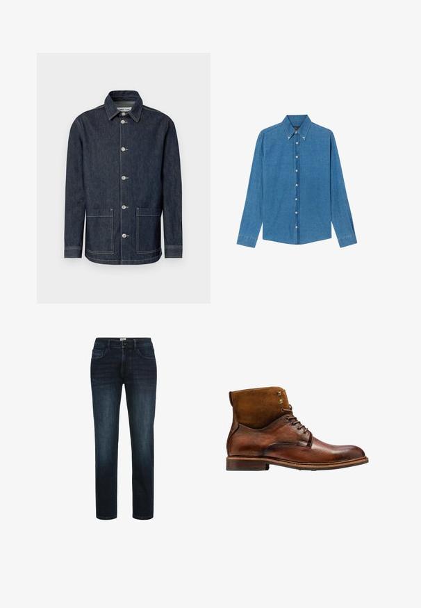 Dunkle Jeansjacke mit spitzem Kragen, Fünf-Knopf-Verschluss vorne, zwei Fronttaschen und kontrastierenden Zierstichen.; Blaue Denim-Hemd mit Button-down-Kragen, langen Ärmeln und Knöpfen vorne. Der Stoff hat eine strukturierte Oberfläche und einen klassischen Schnitt.; Dunkelblaue Denim-Jeans mit geradem Bein, ausgestattet mit fünf Taschen, einem Knopfverschluss und dezentem Verblassen an den Oberschenkeln.; Kazar ALID - Schnürstiefelette - brown