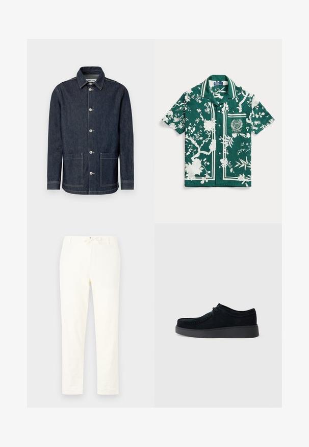 Donker denimjack met een puntige kraag, sluiting met vijf knopen aan de voorkant, twee voorzakken en contrasterende stikseldetails.; Groen kort mouw knoophemd met witte bloemen- en takkenpatronen, gestreepte kraag en geborduurde borstzak aan de linkerkant.; Witte, lichtgewicht linnen broeken met een tailleband met trekkoord. Rechte pijpen, minimale textuur en geen zichtbare patronen of hardware details.; Zwarte suède schoen met een laag profiel, ronde neus, subtiele stiksels en een rubberen zool. Heeft een vetersluiting en een minimalistisch ontwerp.