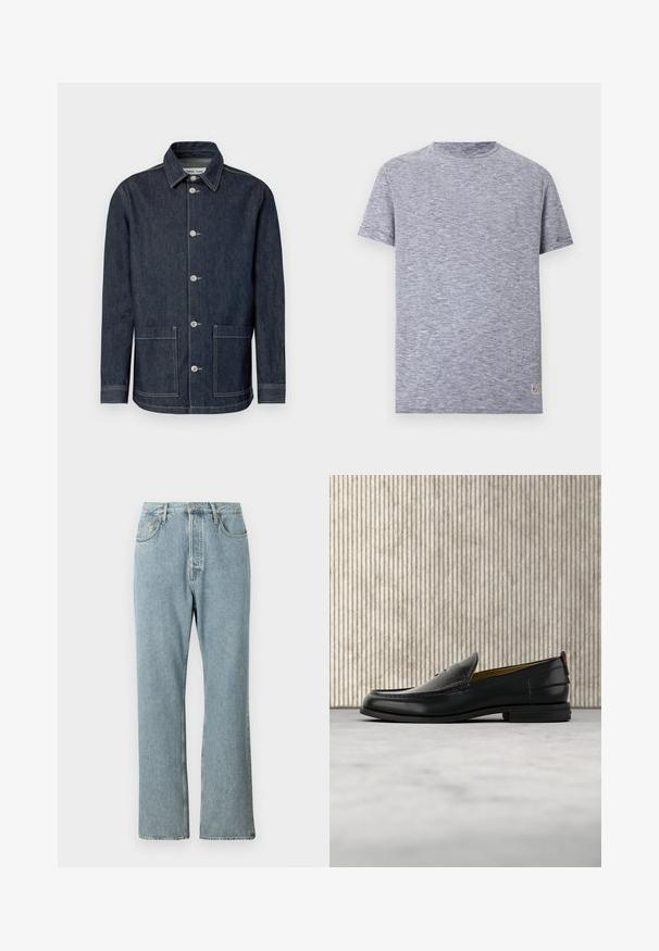 Dunkle Jeansjacke mit spitzem Kragen, Fünf-Knopf-Verschluss vorne, zwei Fronttaschen und kontrastierenden Zierstichen.; Kurzarm-T-Shirt mit Rundhalsausschnitt, dünnen horizontalen marineblauen und weißen Streifen und einem kleinen rechteckigen Etikett nahe dem Saum.; Helles blaues Denim-Jeans mit hoher Taille, weit geschnittenen geraden Beinen und einfacher Naht. Verfügt über fünf Taschen und einen klassischen Knopfverschluss.; Schwarzer Herren-Slipper aus Leder mit einer krokogeprägten Vorderkappe und einem niedrigen Absatz, im Profil vor neutralem Hintergrund gezeigt.