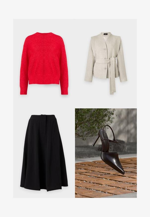 Lys grå uldblandingsjakke med en omslag design, der har et bindebånd og fem knapper foran. Glat tekstur. Ingen hætte.; Rød strikket sweater med rund halsudskæring, drop-shoulder ærmer og ribbede manchetter og kant. Blød tekstur med en let løs pasform.; Sort A-line midi nederdel med bred linning og synlige lodrette syningsdetaljer, vist på ensfarvet baggrund.; Blank højhælet mule med spids tå og ankelrem, svævende over en terracottaflisebelagt overflade med grusfyldte mellemrum.