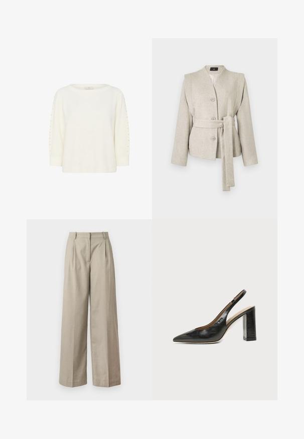 Veste en mélange de laine gris clair avec un design enroulé, dotée d'une ceinture à nouer et de cinq boutons à l'avant. Texture lisse. Sans capuche.; Kaffe KABETTY - Pullover - chalk cc; Pantalons larges beiges en tissu lisse, dotés d'une taille ajustée, de plis et d'une coupe ample au niveau des jambes. Design simple et lignes épurées.; Chaussure slingback en cuir noir à bout pointu avec un talon bloc haut et une doublure intérieure beige sur un fond clair uni.