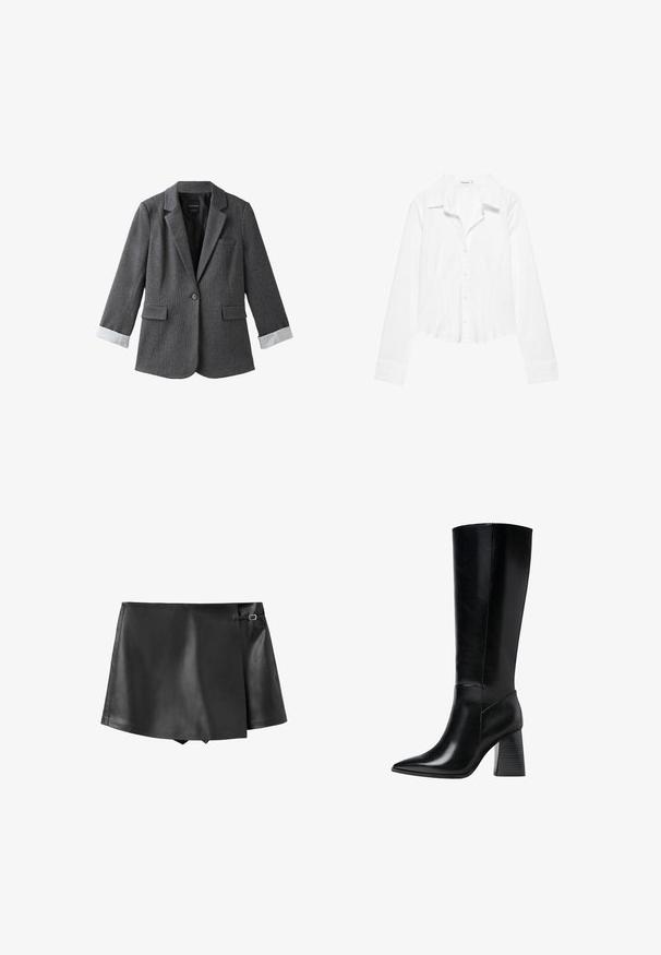 Donkergrijze blazer met één knoop, insnijding in de revers, klepzakken en witte manchetten die bij de mouwen zichtbaar zijn.; Wit overhemd met lange mouwen, kraag, licht getailleerde taille en met knopen gesloten manchetten, getoond op een witte achtergrond.; Zwarte mini-rok van nepleer met overlappende voorklep en een klein zijgesp-detail.; Zwarte leren laarzen tot de knie met een spitse neus, een gladde textuur en een chunky gegroefde hak voor stabiliteit. Strak ontwerp met minimale accenten.