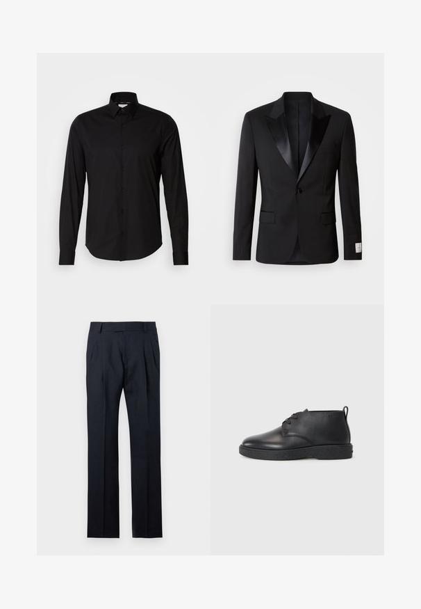 Veste de smoking noire avec revers en satin, fermeture à un bouton et deux poches avant ; possède une texture lisse et une coupe ajustée.; Chemise noire à manches longues en tissu lisse. Dotée d'un col classique, d'un patte de boutonnage et d'un ourlet droit. Aucune motif ou accent présent.; Pantalon formel noir sur mesure avec passants pour ceinture, plis sur le devant et jambes droites, présenté sur un fond clair uni.; Bottines noires en cuir avec une texture lisse, bout rond et semelle en caoutchouc noir. Comprend un laçage et un tirant à l'arrière pour un enfilage facile.