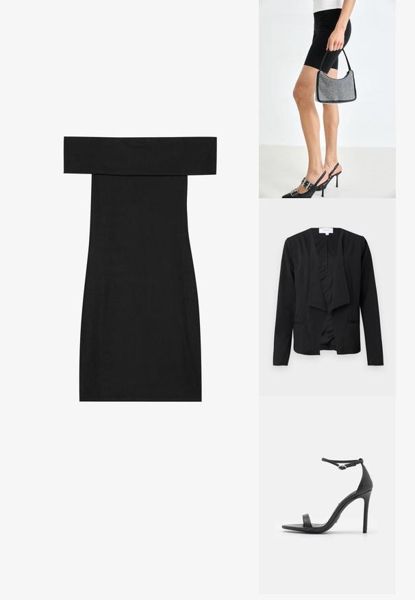 Sort blazer lavet af glat stof med draperet front, lange ærmer og to sidelommer. Minimalistisk design uden knapper eller udsmykninger.; Sort off-shoulder kjole lavet af ribbet stof. Designet har en tætsiddende form og en lige kant, der fremhæver en glat tekstur.; Sorte højhælede sandaler med åben tå, tynde stropper og spænde om anklen. Glat lædertekstur med spidse tådesign.; Sort perlehandtaske med en buet silhuet, bærehåndtag og blank overflade. Båret med højhælede sorte sko og tætsiddende sorte shorts.