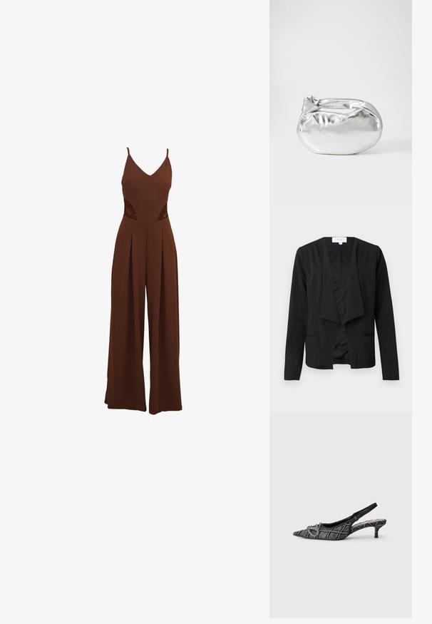 Sort blazer lavet af glat stof med draperet front, lange ærmer og to sidelommer. Minimalistisk design uden knapper eller udsmykninger.; Brun jumpsuit med V-udskæring, tynde stropper, udskårne broderidetaljer på siderne og brede bukser med plisseret design.; Sort slingback kittenhæl med spids tå, tekstureret mønster og sølvspænde på hvid baggrund.; Sølvmetallic pose med en blød, rund form og en knyttet lukning foroven. Fremstillet af glat faux lædermateriale.