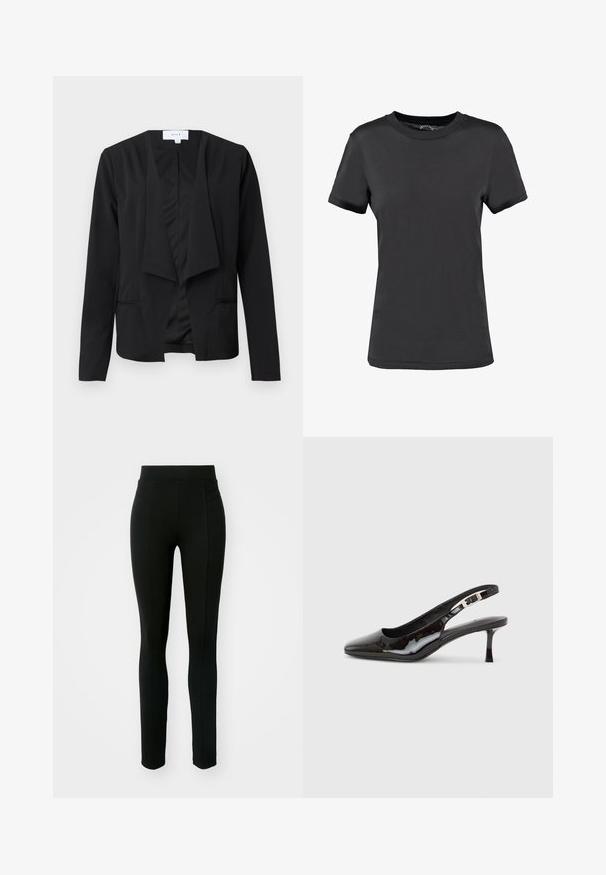 Blazer negro hecho de una tela suave con un frente drapeado, mangas largas y dos bolsillos laterales. Diseño minimalista sin botones ni adornos.; Camiseta de manga corta negra, hecha de tela suave. Presenta un cuello redondo sin patrones ni acentos visibles, ofreciendo un diseño sencillo.; Leggings negros de material elástico, con cintura alta, corte ajustado y dos bolsillos frontales sin costuras visibles.; Zapato slingback de charol negro con punta afilada, hebilla plateada y tacón bajo tipo kitten sobre un fondo liso y claro.